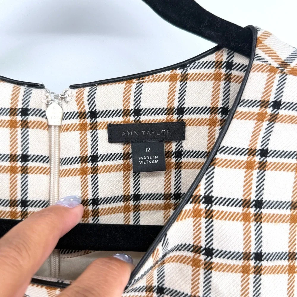 Ann Taylor Sheath Dress Plaid Faux Leather Trim 12 Cream Brown Womens Career